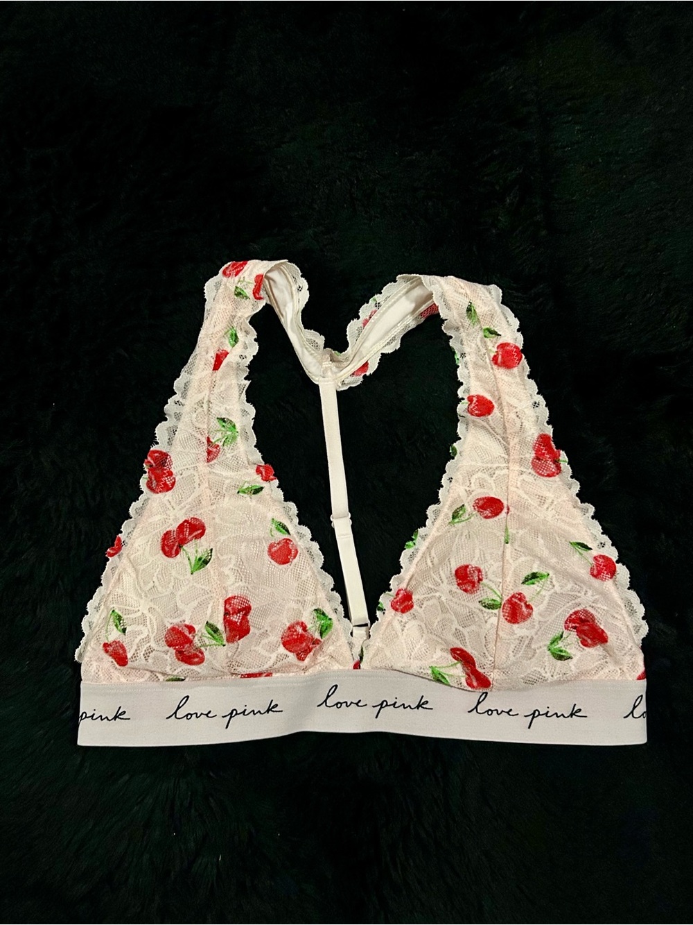 PINK Victoria's Secret Lace Bralette with Red Cherry Print size 36B